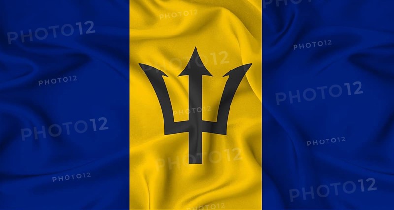 Realistic Barbados flag waving. Close up of flag of Barbados with cloth texture