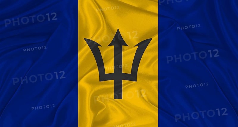 Flag of Barbados with cloth texture. Close up of Barbados flag waving