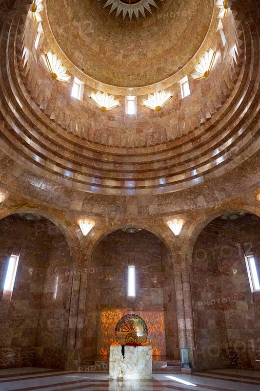 An interior with a domed golden dome and impressive pillars of light that create a majestic atmosphere, Yazidi Temple, Yazidi Temple, the largest Yazidi temple in the world is called Quba Mere Diwane, Aknalich, Aknalich, Armavir district, Armenia