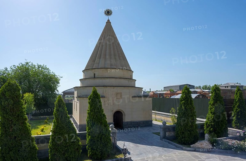 Temple with cone-shaped roof surrounded by a well-tended garden, Yazidi temple, Yazidi temple, Ziyarat temple, Aknalich, Aknalich, Armavir district, Armenia