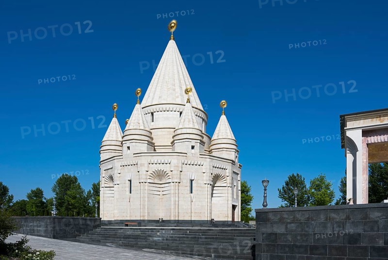 White temple with towers and domes under a clear blue sky, Yazidi temple, Yazidi temple, the largest Yazidi temple in the world is called Quba Mere Diwane, Aknalich, Aknalich, Armavir district, Armenia