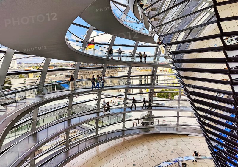 Interior view of the Reichstag dome with mirror cone and visitors, Reichstag building, landmark, government district, Berlin, Germany