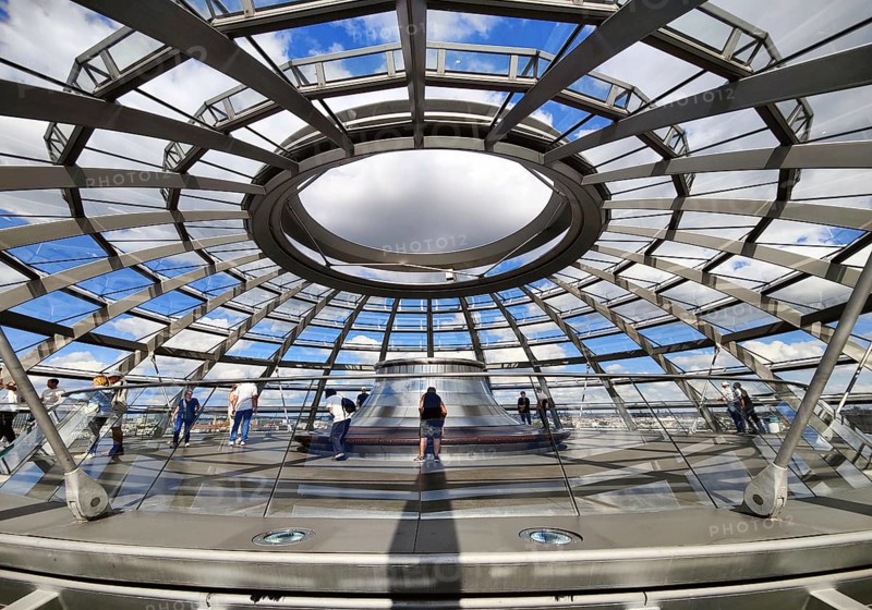 Interior view of the Reichstag dome with visitor platform under the open dome, Reichstag building, government district, Berlin, Germany