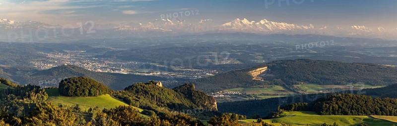 Panorama from the Wisenberg tower with Wisner Flueh, behind it Mittelland with Aare, in the far background Alpine panorama with Bernese Alps with Eiger, Mönch and Jungfrau and Central Alps with Tödi, Wisen, Solothurn, Switzerland