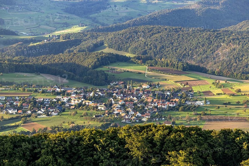 View of Rünenberg from the WIsenberg tower, Wisen, Solothurn, Switzerland