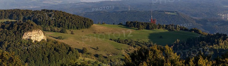 Panorama of Wisner Flueh and Frohburg with transmission tower from the Wisenberg tower, Wisen, Solothurn, Switzerland