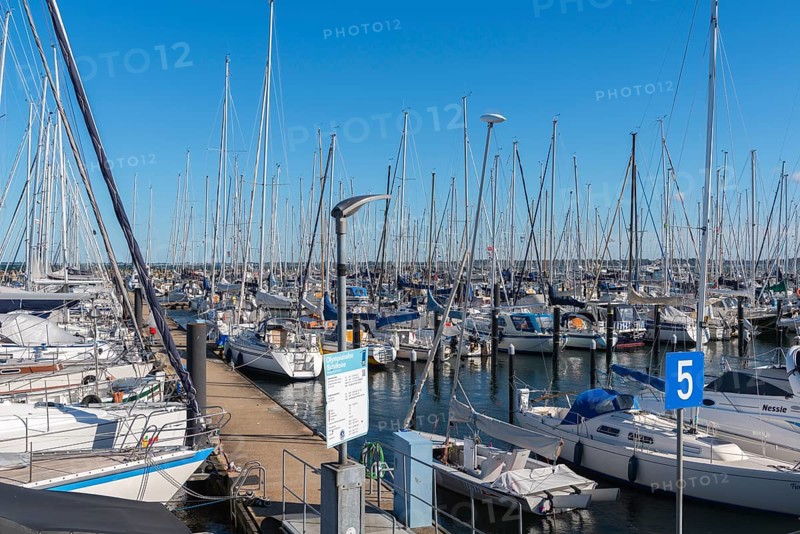 Olympic harbour Schilksee, Olympic Games 1972, sailing yachts at the jetty, ship masts, jetty 5, sunshine, blue sky, Baltic Sea, Bay of Kiel, Kiel Sailing City, Schleswig-Holstein, Germany