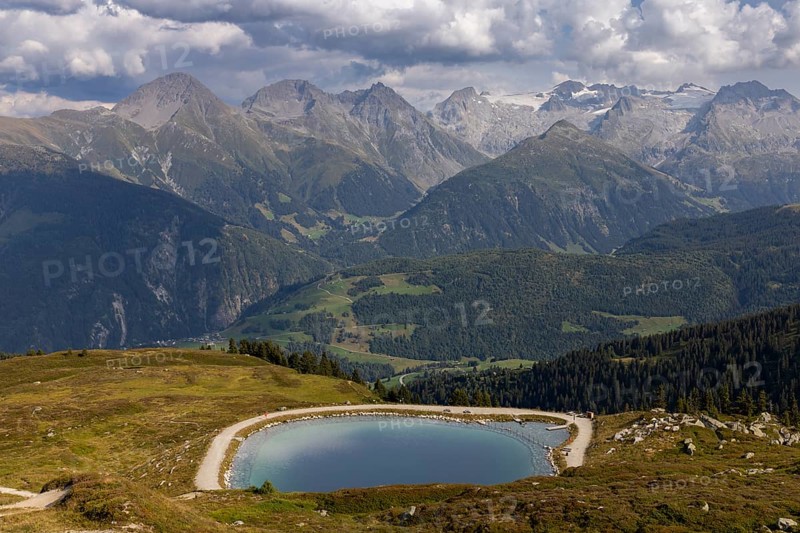 View from Cuolm da Vi to three thousand metre peaks of the Cristallina with Piz Cristallina and Piz Medel and Glatscher da Medel, Surselva, Grisons, Switzerland