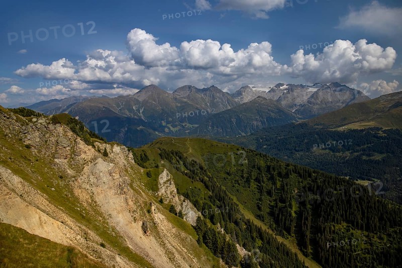 View from Cuolm da Vi to three thousand metre peaks of the Cristallina with Piz Cristallina and Piz Medel and Glatscher da Medel, Surselva, Grisons, Switzerland