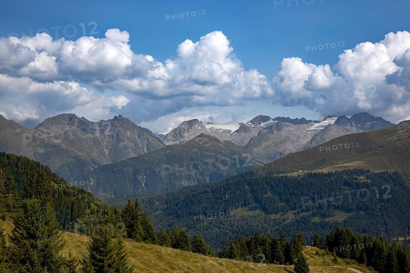 View from Cuolm da Vi to three thousand metre peaks of the Cristallina with Piz Cristallina and Piz Medel and Glatscher da Medel, Surselva, Grisons, Switzerland