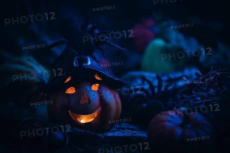 Pumpkin lantern with witch's hat and spider in a dark, mystical setting, Halloween atmosphere