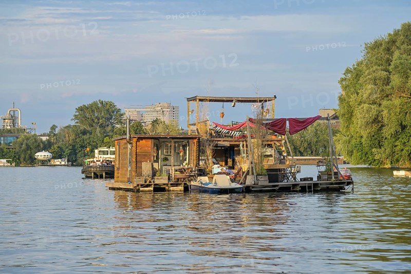 Boats anchored in the Rummelsburger Bucht, Spree, Berlin, Germany