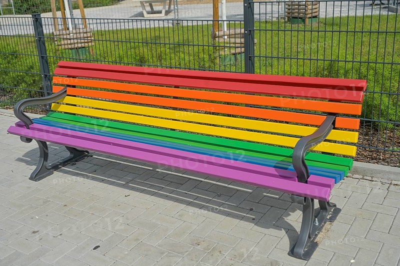 Bench in rainbow colours, Schöneberg, Tempelhof-Schöneberg, Berlin, Germany