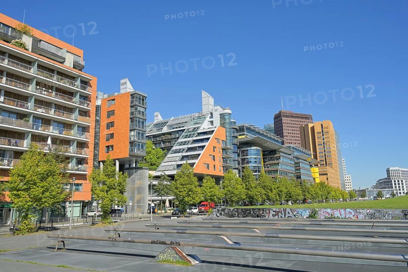 Disused seesaws, residential buildings, office buildings, Tilla-Durieux-Park, Potsdamer Platz, Tiergarten, Mitte, Berlin, Germany