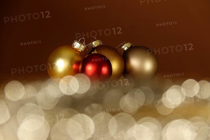 Still life with Christmas tree baubles and beautiful bokeh, Germany