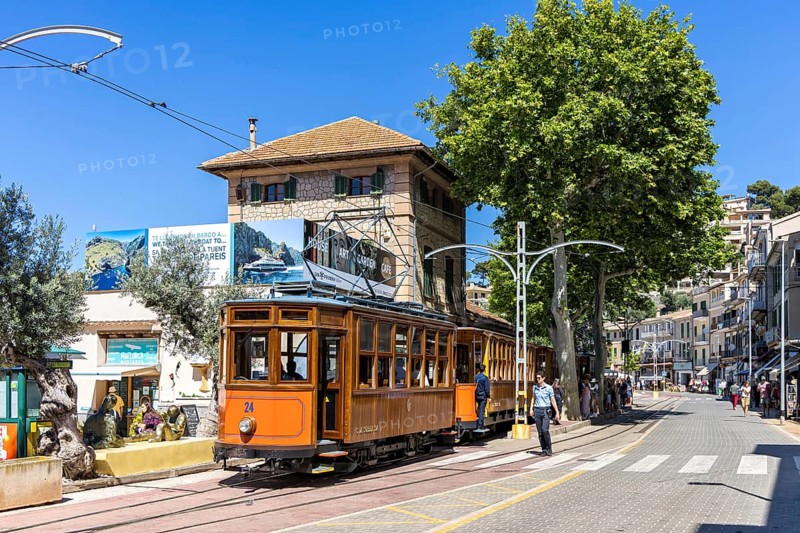 Historic tram Tranvia de Soller public transport public transport on Majorca at the railway station in Port de Sóller, Spain