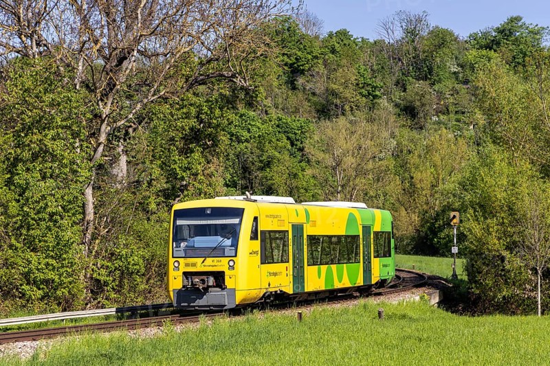 Regional railway train on the Strohgäubahn of the type Regio-Shuttle RS 1 in Münchingen, Germany