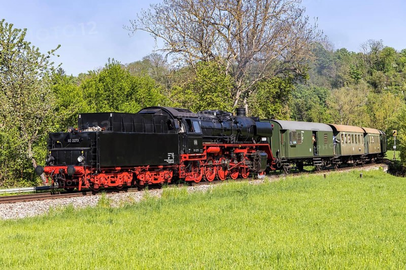 Fiery Elias steam train on the Strohgäubahn steam railway railway steam locomotive in Schwieberdingen, Germany