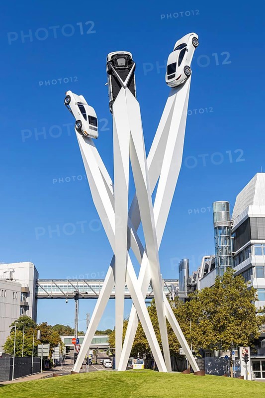 Porsche headquarters at Porscheplatz in Stuttgart-Zuffenhausen with artwork in Stuttgart, Germany