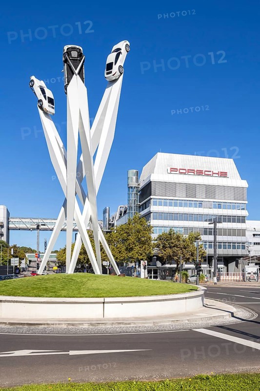 Porsche headquarters at Porscheplatz in Stuttgart-Zuffenhausen with artwork in Stuttgart, Germany