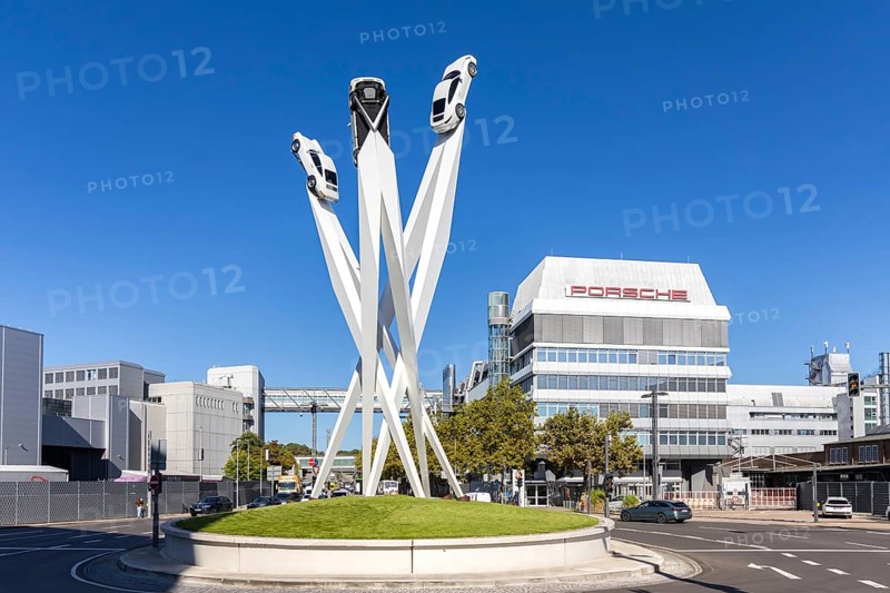 Porsche headquarters at Porscheplatz in Stuttgart-Zuffenhausen with artwork in Stuttgart, Germany