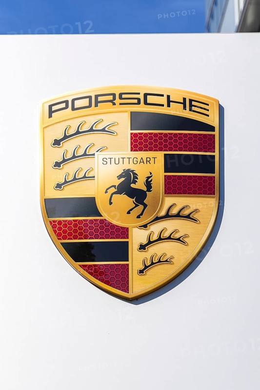 Porsche logo at the Porsche Centre Autohaus am Pragsattel in Stuttgart, Germany