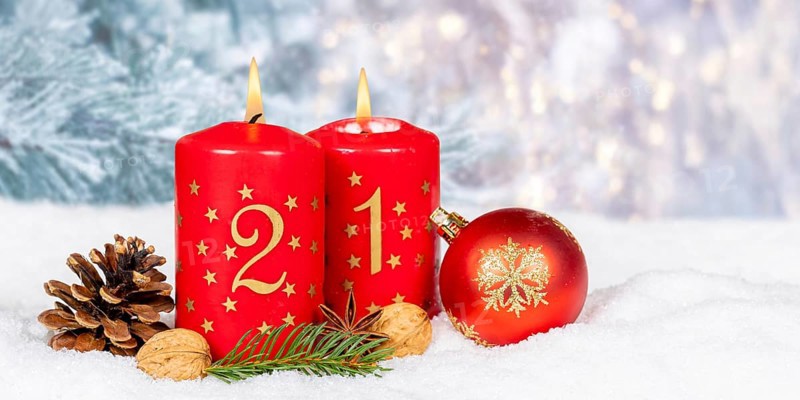 Second 2nd Advent candle for Christmas Christmas card in winter with text free space Copyspace Panorama in Stuttgart, Germany