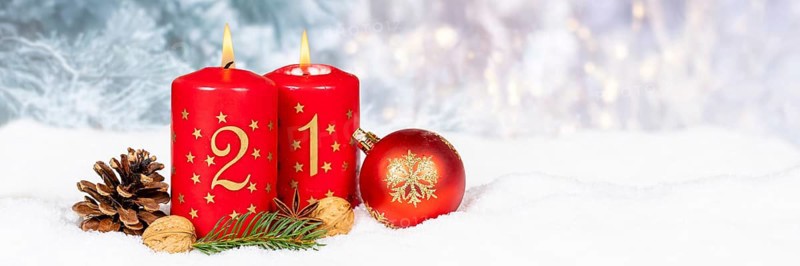 Second 2nd Advent candle for Christmas Christmas card in winter panorama with text free space Copyspace in Stuttgart, Germany