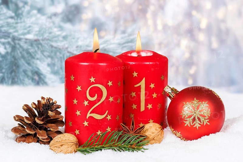 Second 2nd Advent candle for Christmas Christmas card in winter with copy space Copyspace in Stuttgart, Germany