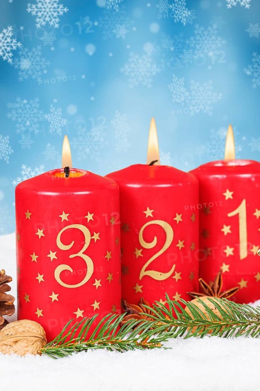 Third 3rd Advent with candle Christmas Christmas card for Christmas time snow background with text free space Copyspace in winter in Stuttgart, Germany