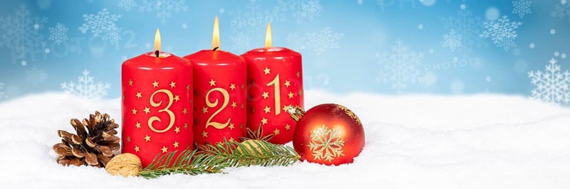 Third 3rd Advent with candle Christmas Christmas card for Christmas time snow background panorama with text free space Copyspace in winter in Stuttgart, Germany