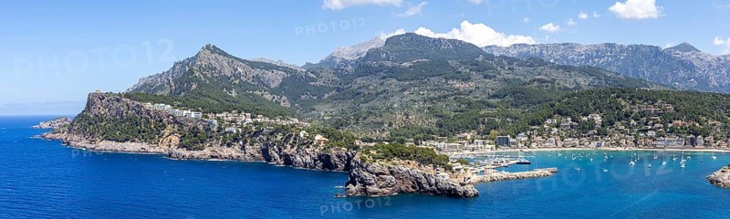 Port de Soller in Majorca panoramic seaside holiday travel mountains landscape in Port de Sóller, Spain