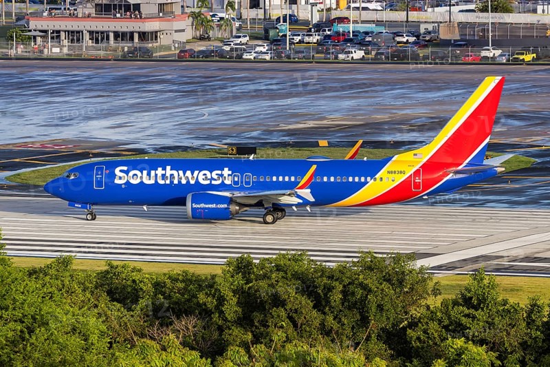 A Boeing 737 MAX 8 aircraft of Southwest Airlines with the registration number N8838Q at San Juan Airport, Puerto Rico