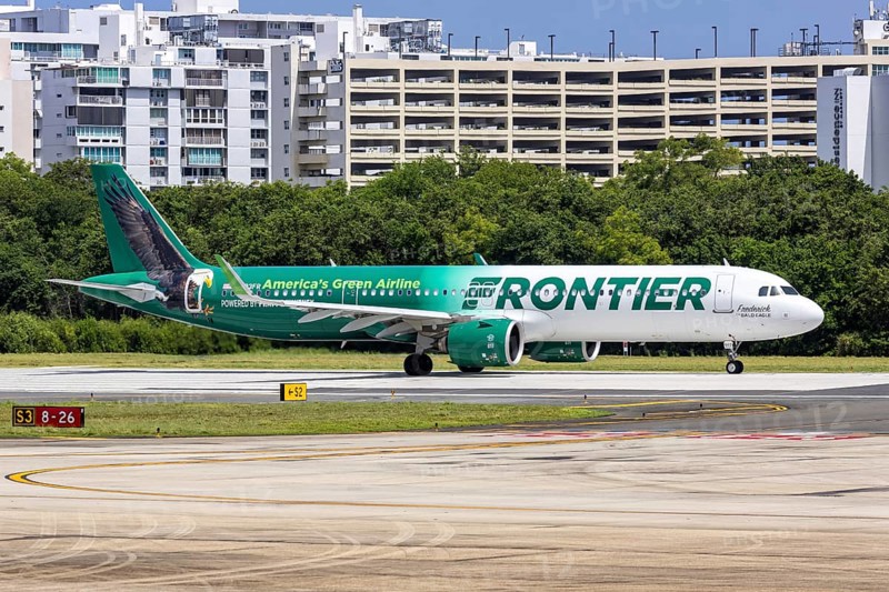 An Airbus A321neo aircraft of Frontier Airlines with the registration number N603FR at San Juan Airport, Puerto Rico