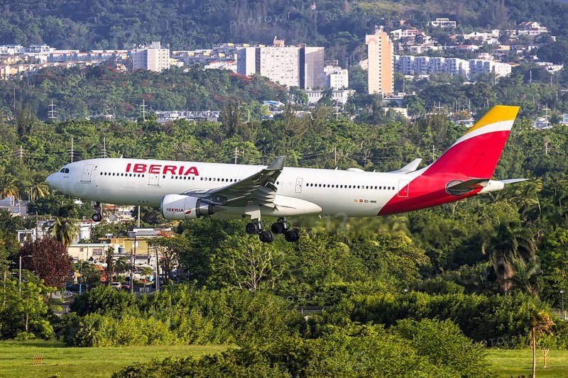 An Iberia Airbus A330-200 aircraft with the registration EC-MNK at San Juan Airport, Puerto Rico