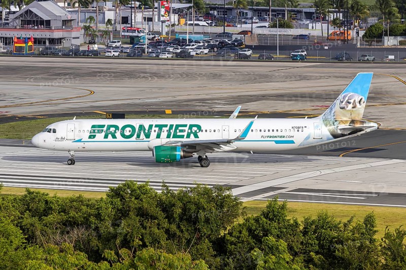 A Frontier Airlines Airbus A321 aircraft with the registration number N708FR at San Juan Airport, Puerto Rico