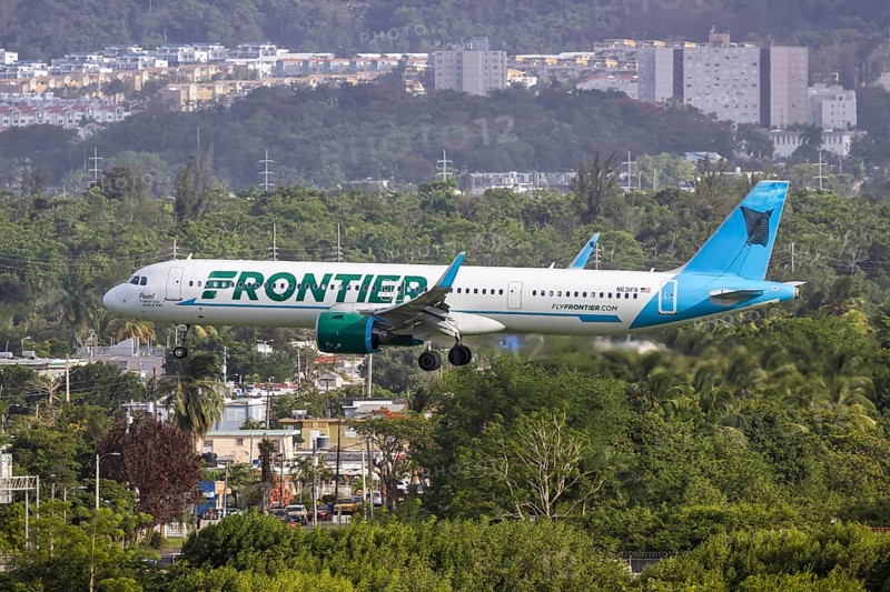 A Frontier Airlines Airbus A321neo aircraft with the registration number N631FR at San Juan Airport, Puerto Rico