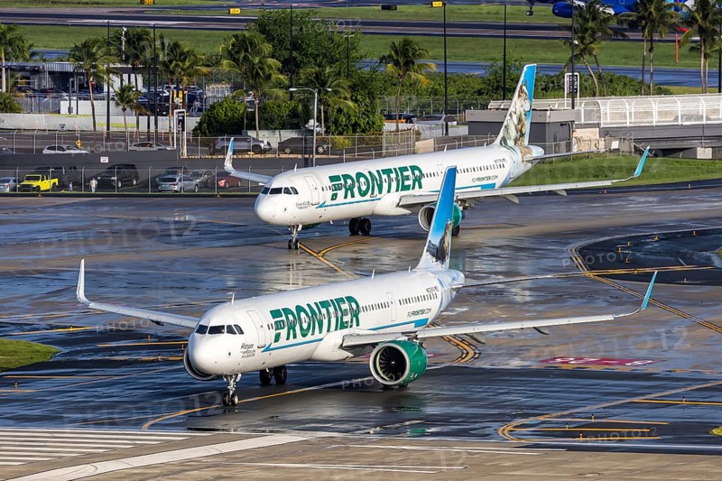 Airbus A321neo aircraft of Frontier Airlines with registration N629FR at San Juan Airport, Puerto Rico