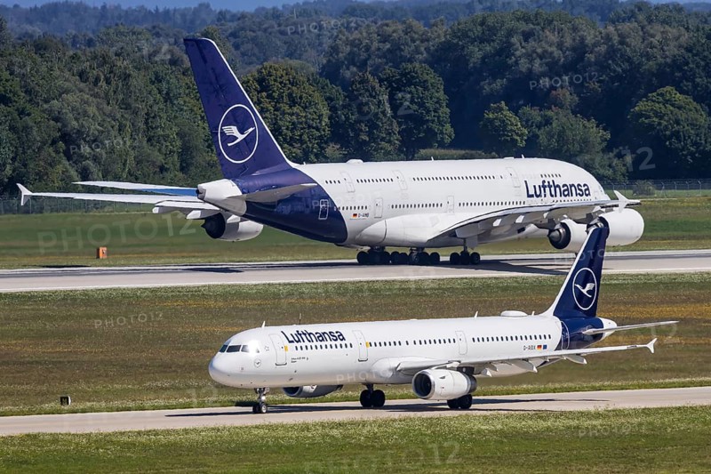 Airbus A380 and A321 aircraft of Lufthansa with the registration D-AIDX at Munich Airport, Germany