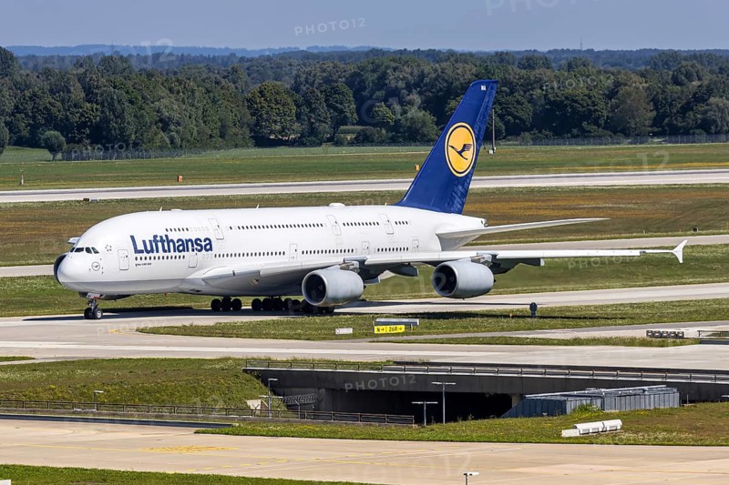 A Lufthansa Airbus A380-800 aircraft with the registration D-AIMA at Munich Airport, Germany