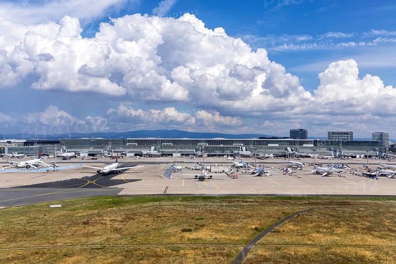 Aerial view of Terminal 2 at Frankfurt Airport, Germany