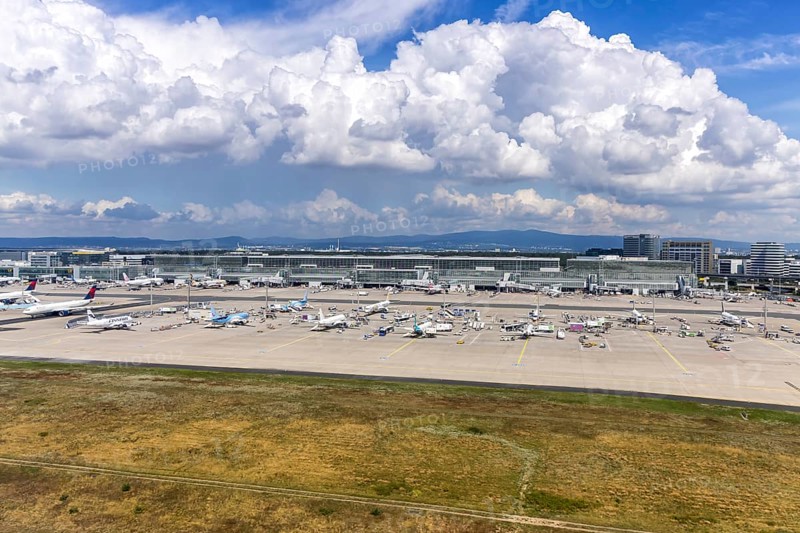 Aerial view of Terminal 2 at Frankfurt Airport, Germany