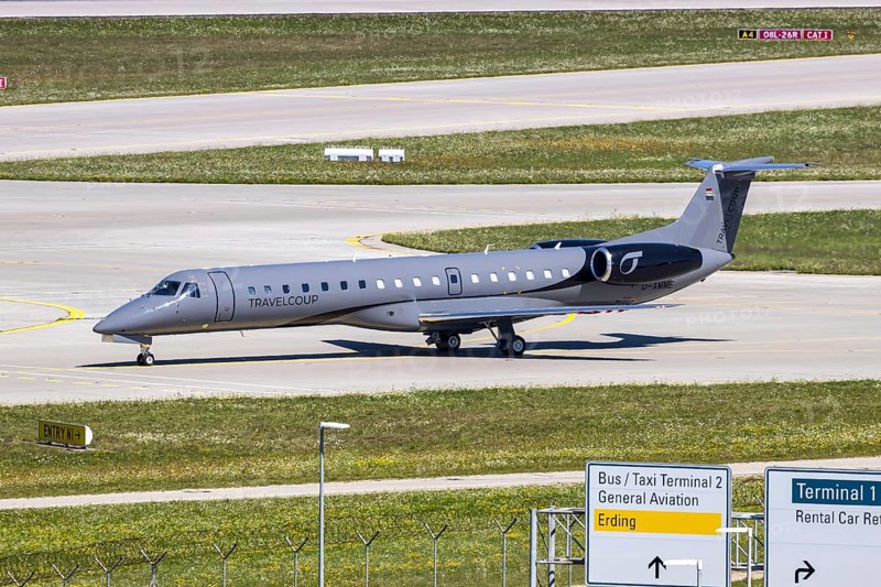 An Embraer ERJ 145 aircraft of Travelcoup with the registration D-AMME at Munich Airport, Germany