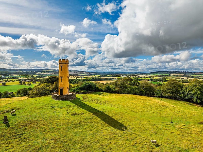 Binns Tower over Scotish farms and Forth Estuary from drone, House of the Binns, Linlithgow, Scotland, UK
