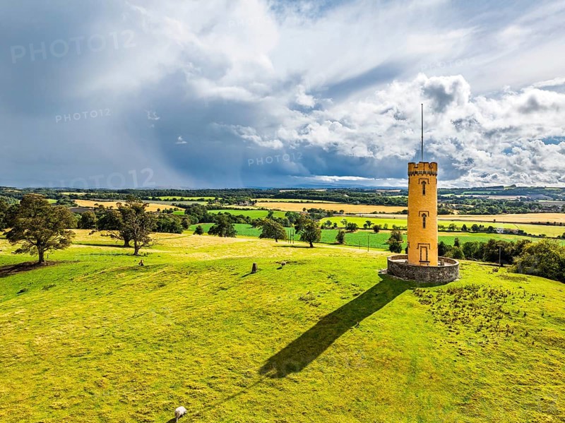 Binns Tower over Scotish farms and Forth Estuary from drone, House of the Binns, Linlithgow, Scotland, UK