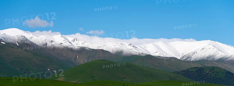 Snow-covered mountain range under a clear blue sky, landscape near Saratovka, Lesser Caucasus, Lorikeet Province, Armenia