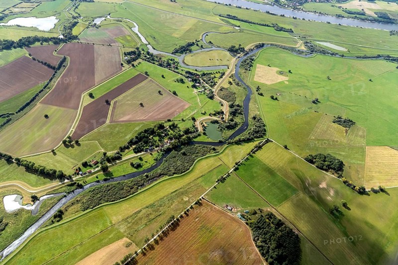 Aerial view, elbe, mecklenburg-vorpommern, lower saxony, river, dike construction, sude, small sude, germany, elbe valley landscape, floodplain, ffh area, flood protection, landscape
