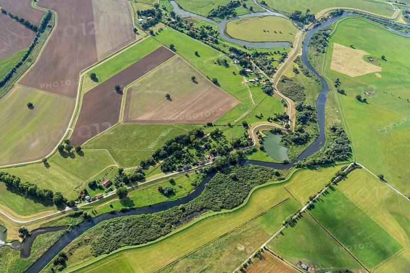 Aerial view, elbe, mecklenburg-vorpommern, lower saxony, river, dike construction, sude, small sude, germany, elbe valley landscape, floodplain, ffh area, flood protection, landscape