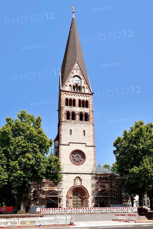 Ettlingen, Germany - August 13th 2025: Herz-Jesu Church in Ettlingen. Neo-Romanesque architecture and artistic heritage