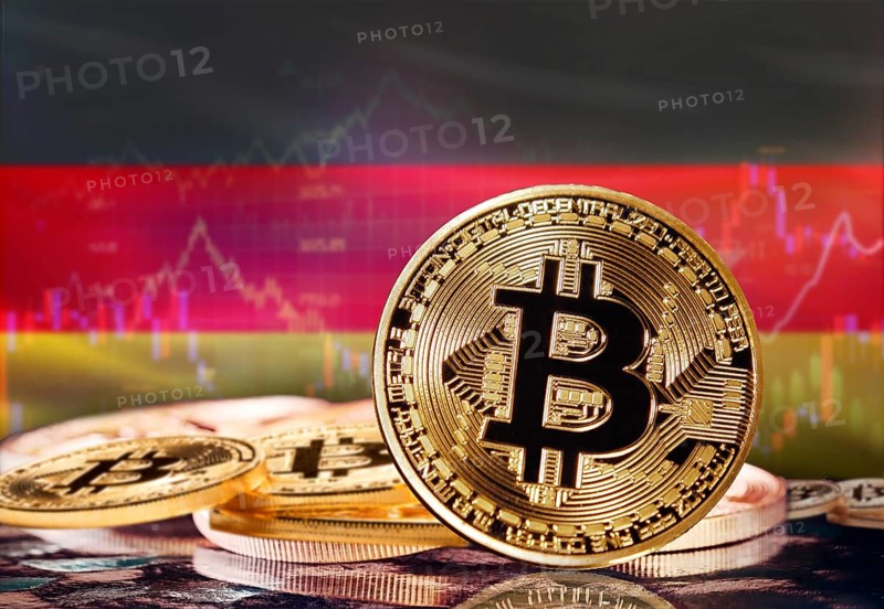Bitcoin with Germany flag in the background. Investors in cryptocurrency and Blockchain Technology in Germany, Concept